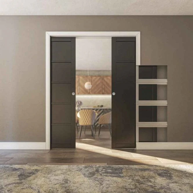 Deanta Double Pocket Door Kit 100mm - White Frame / Matt Black Hardware - Image 4