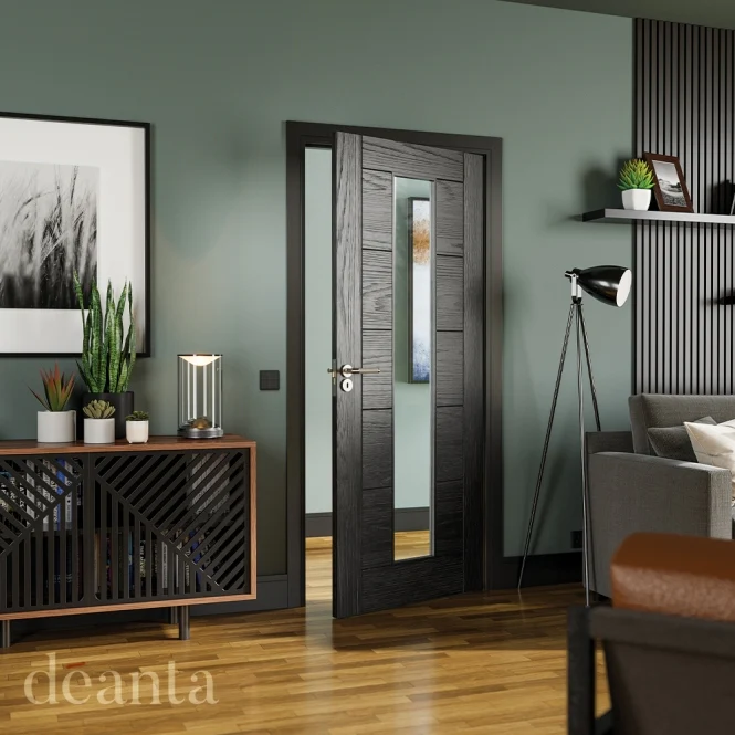 Deanta Seville Pre-Finished Brushed Black Oak Glazed 1L FSC Internal Glazed Door - Image 3