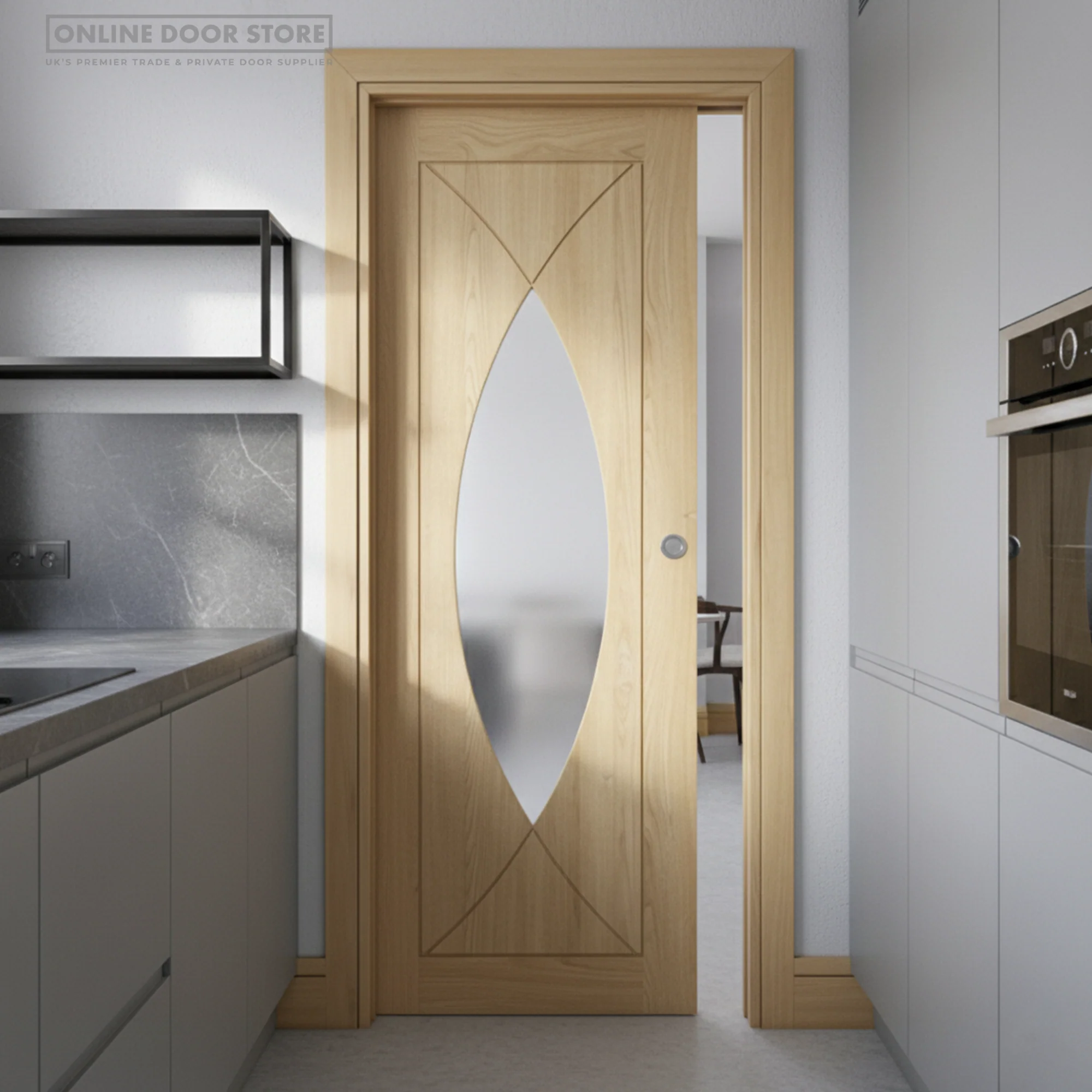 Deanta Single Pocket Door Kit 100mm - Oak Frame / Matt Black Hardware - Image 3