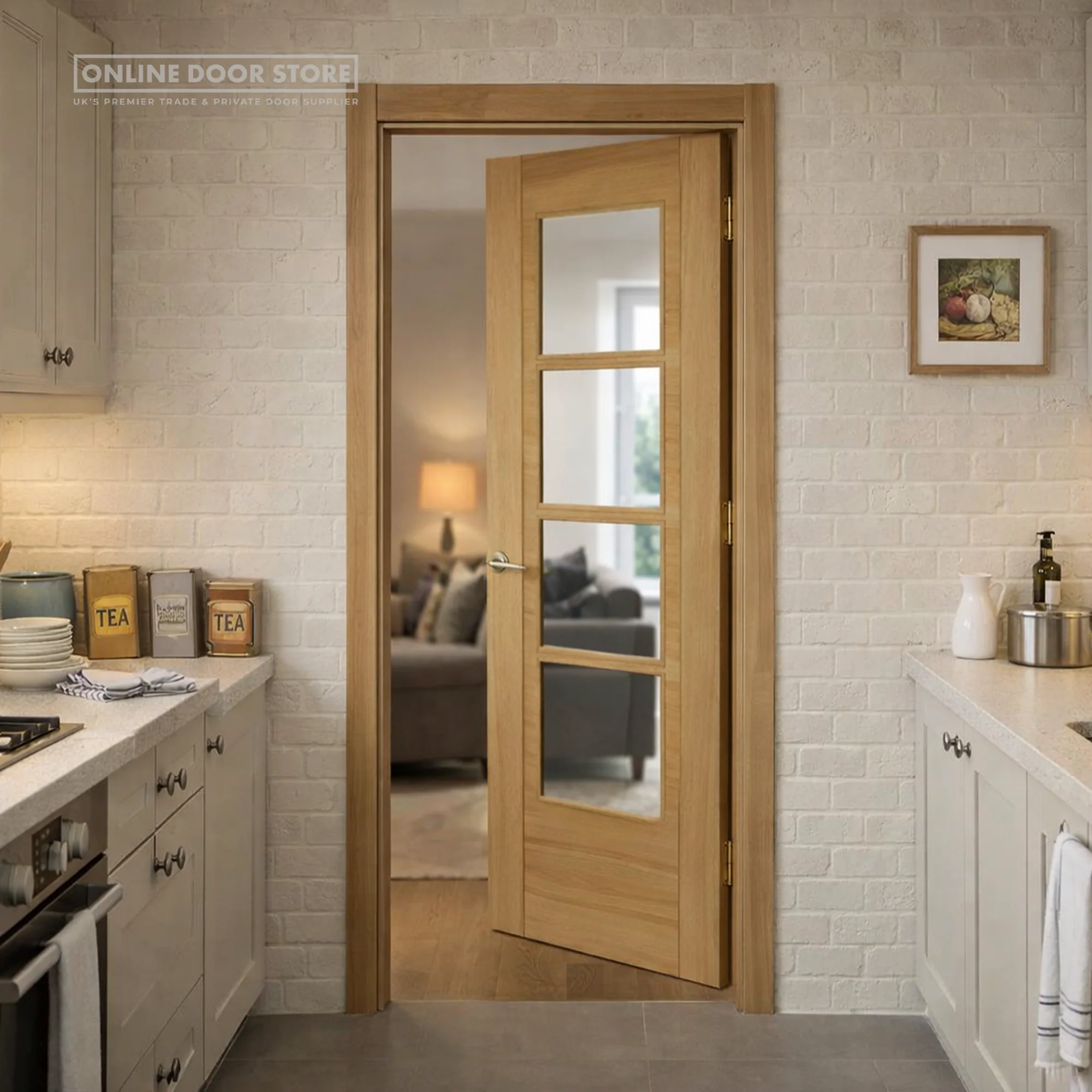 Mendes Iseo Crown Cut Pre-Finished Oak 4 light Glazed FD30 Fire Door - Image 2